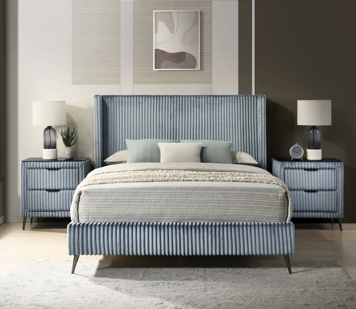 Roundhill Furniture Mavela Wide-wale Corduroy Upholstery Panel Bed with 2 Nightstands and Bench