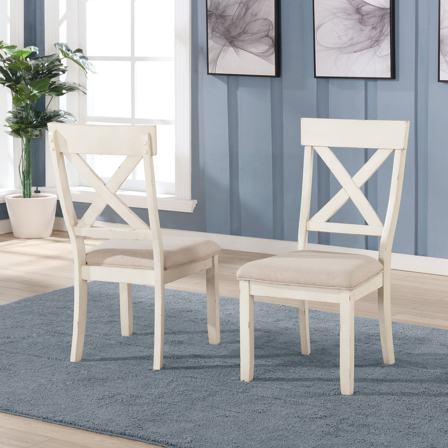 Roundhill Furniture Prato Wood Cross Back Upholstered Dining Chairs, Set of 2