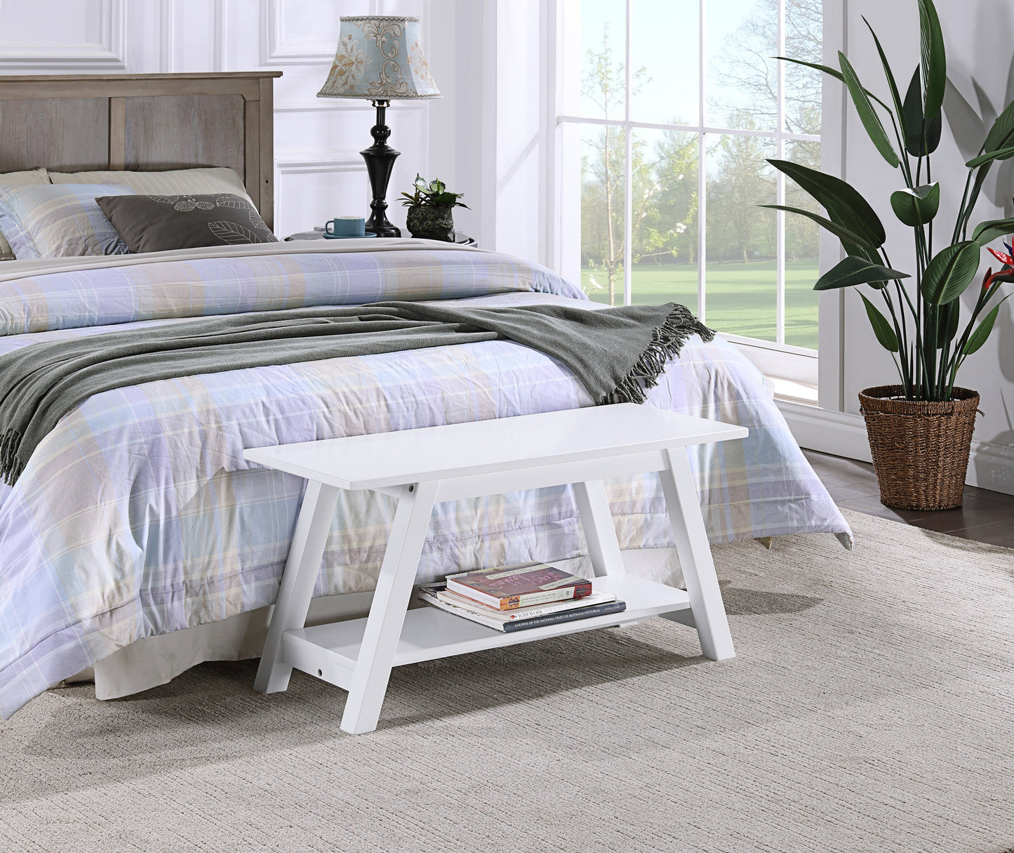 Roundhill Furniture Elyz Solid Wood Bench with Shelf, 36.10-Inch Long