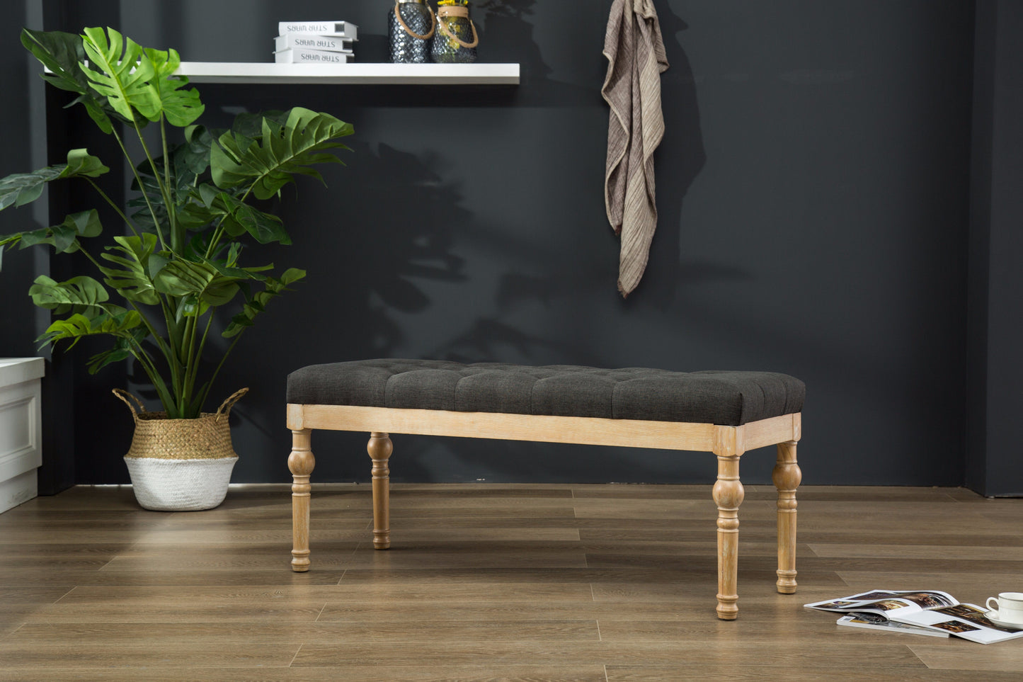 Habit Solid Wood Charcoal Button Tufted Dining Bench