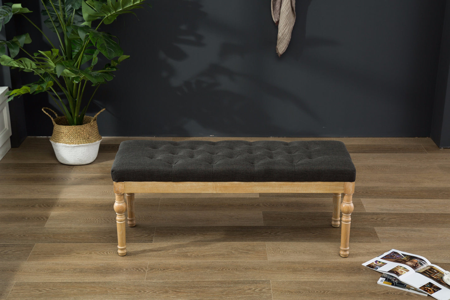 Habit Solid Wood Charcoal Button Tufted Dining Bench