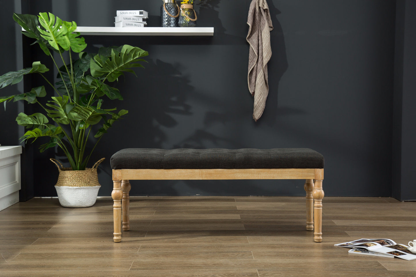 Habit Solid Wood Charcoal Button Tufted Dining Bench