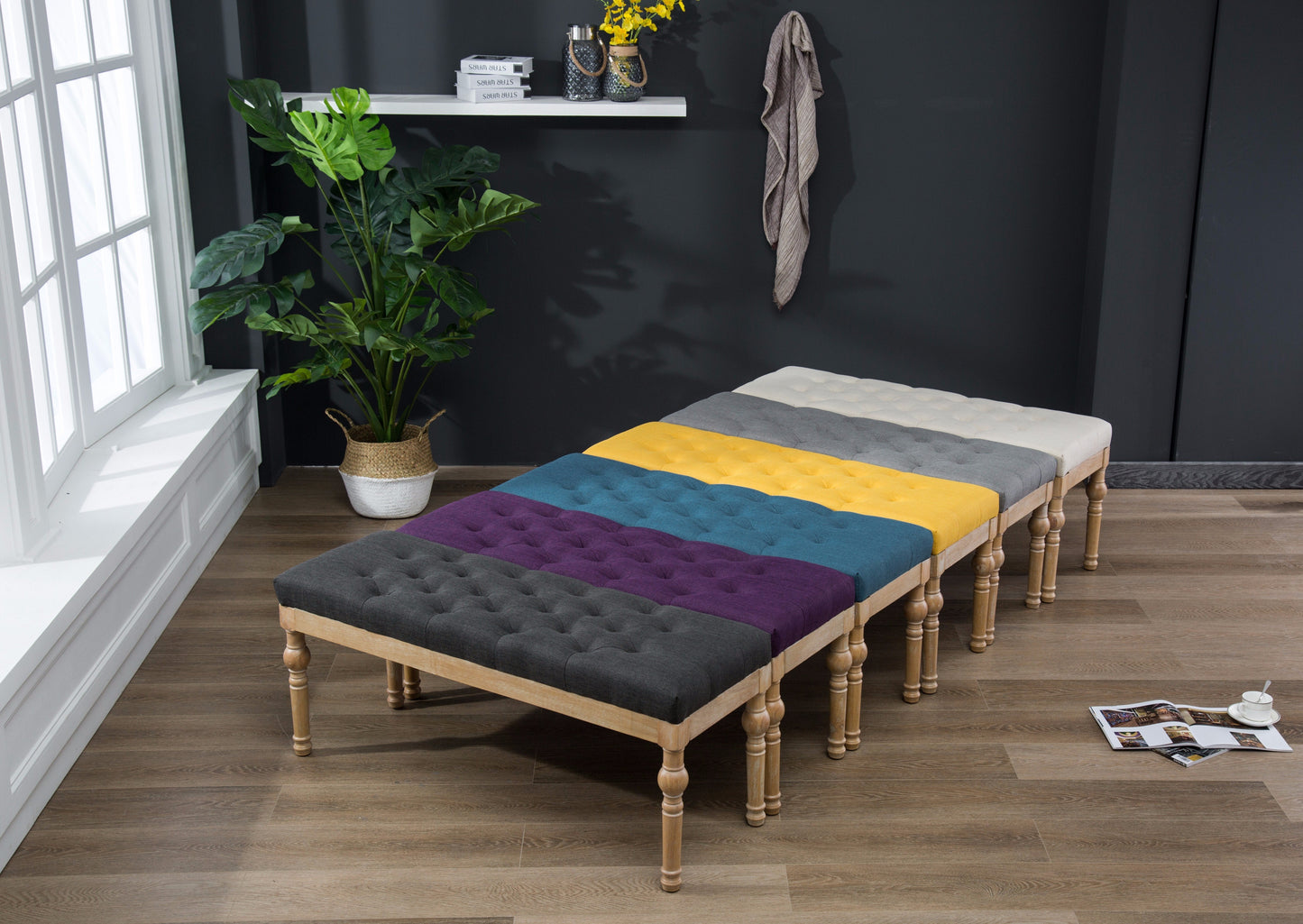 Habit Solid Wood Charcoal Button Tufted Dining Bench