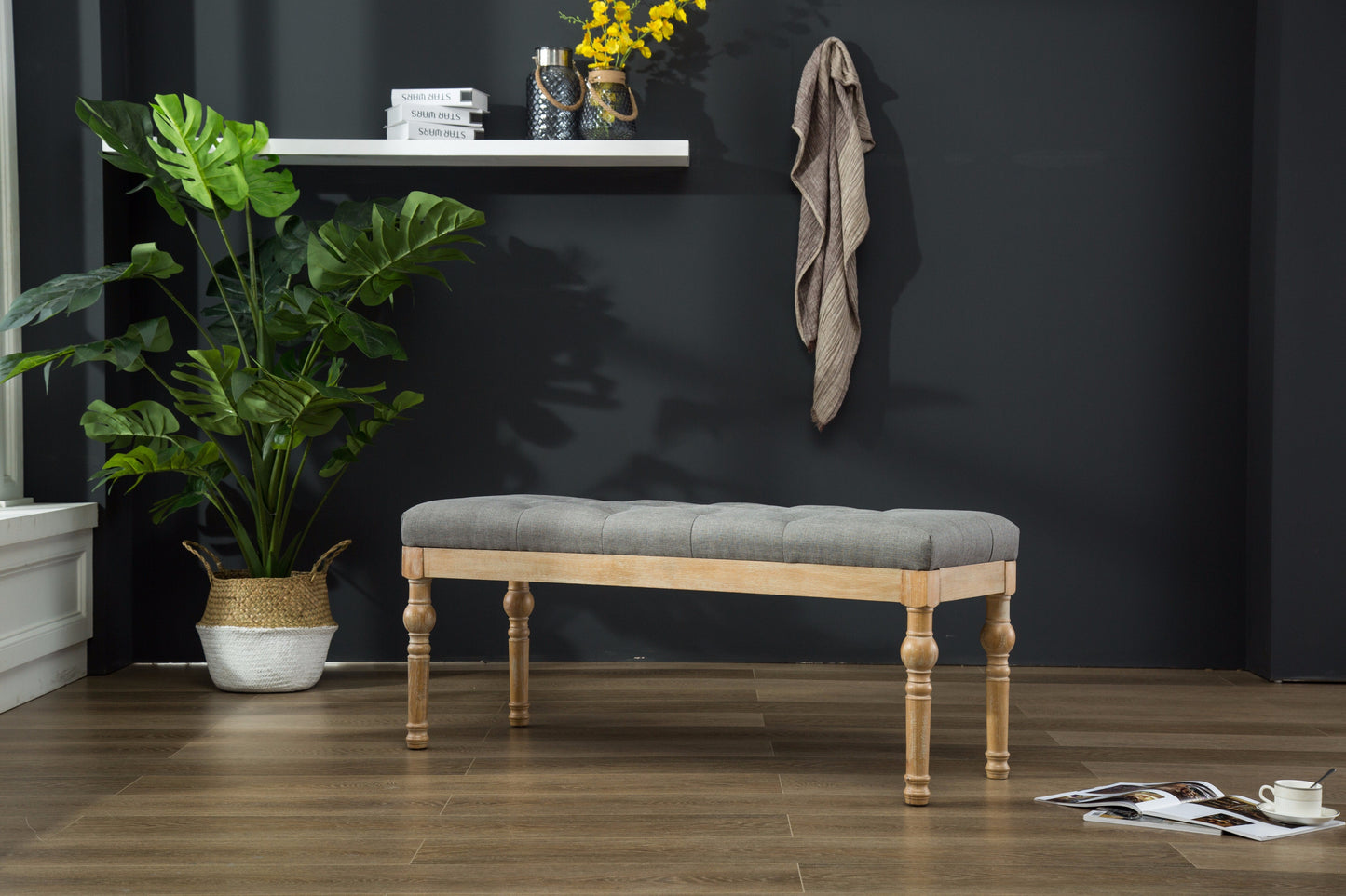Habit Solid Wood Gray Button Tufted Dining Bench