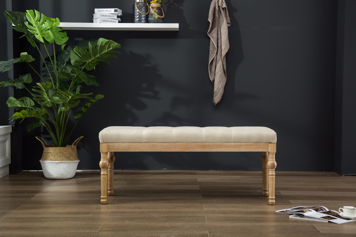Habit Solid Wood Tan Button Tufted Dining Bench