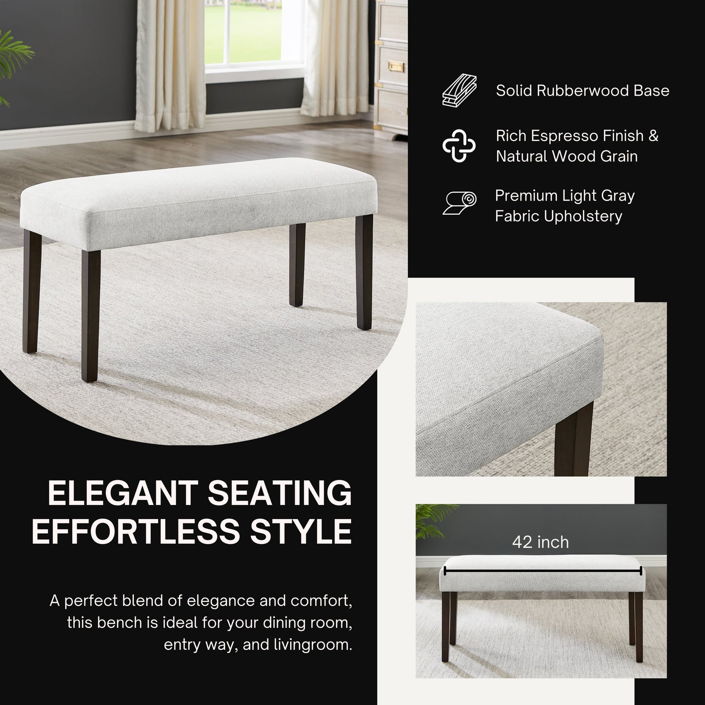 Roundhill Furniture Madison Contemporary Upholstered Dining Bench, Gray