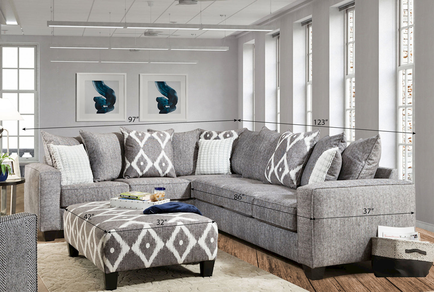 Vila Weathered Gray Fabric Pillow Back L-Shape Sectional Sofa with Ottoman