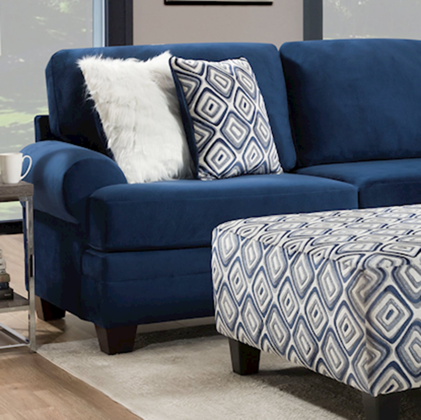 Natara Contemporary L-shape Sectional Sofa with Ottoman, Navy