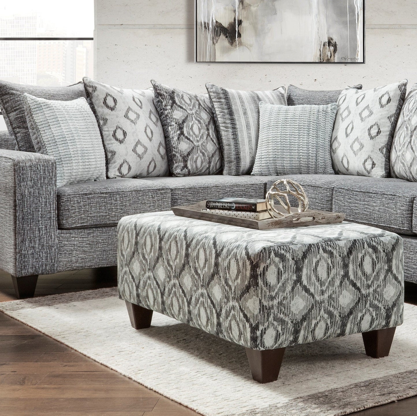 Elva Contemporary Fabric Pillow Back Sectional Sofa with Ottoman in Stonewash