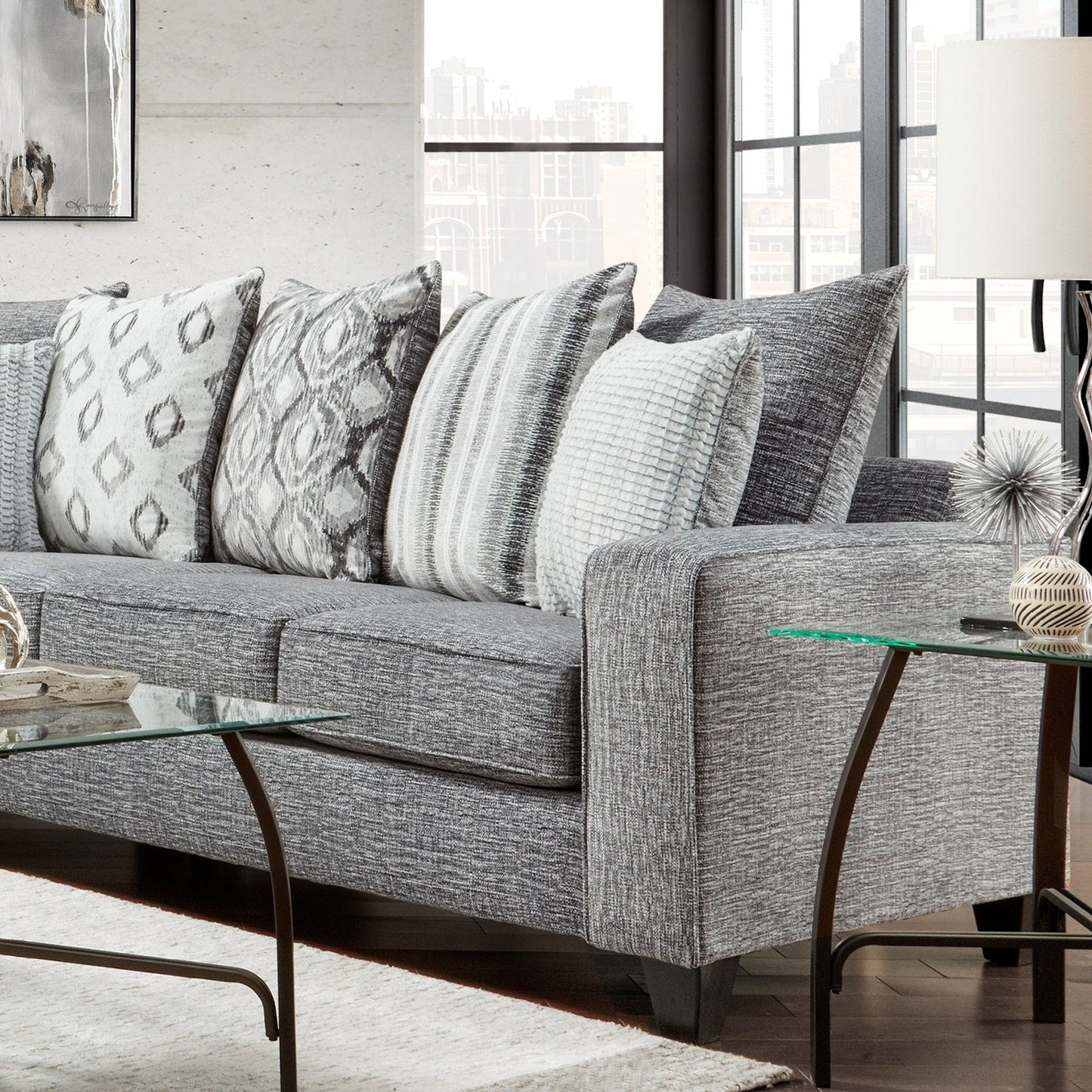 Elva Contemporary Fabric Pillow Back Sectional Sofa in Stonewash