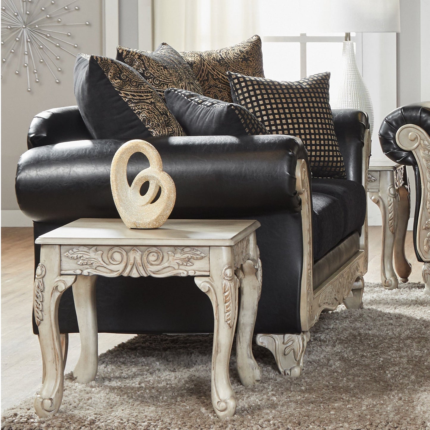San Marino Wood Frame Faux Leather Loveseat in Ebony