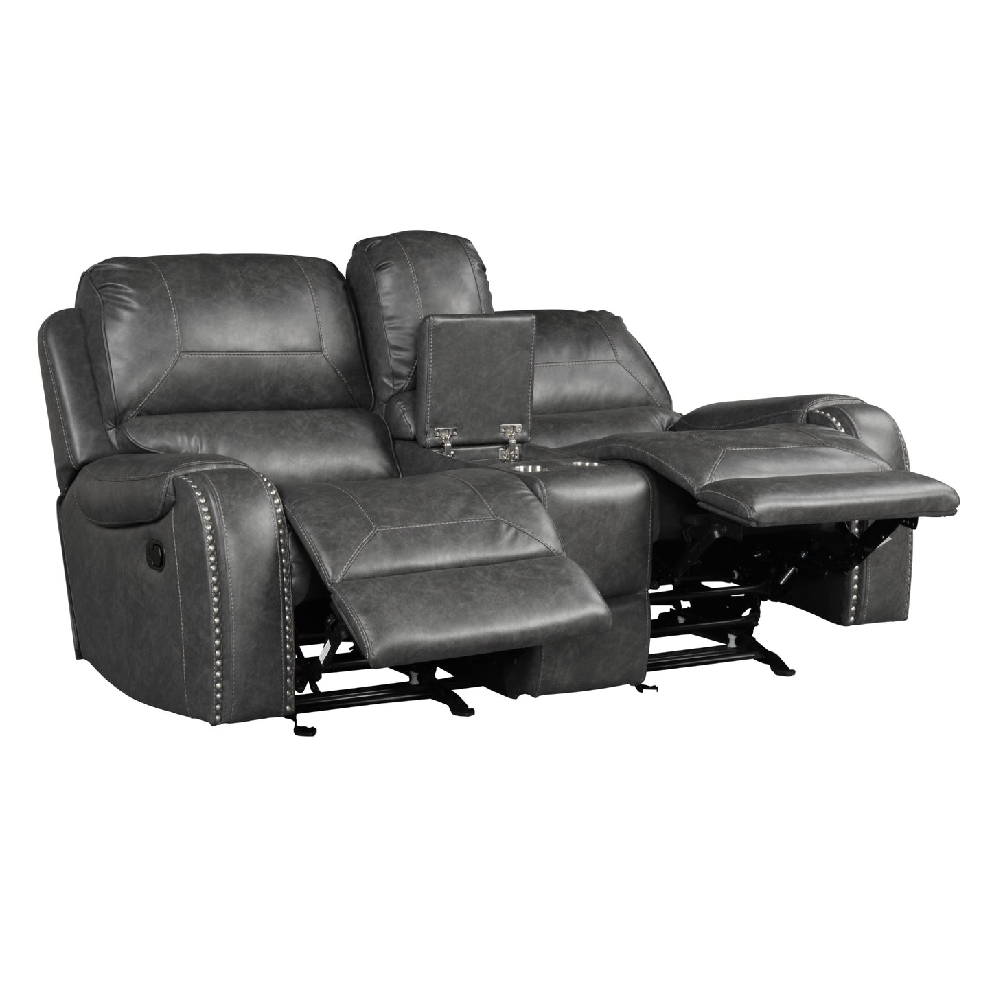 Achern Gray Leather-Air Nailhead Manual Reclining Loveseat with Storage Console