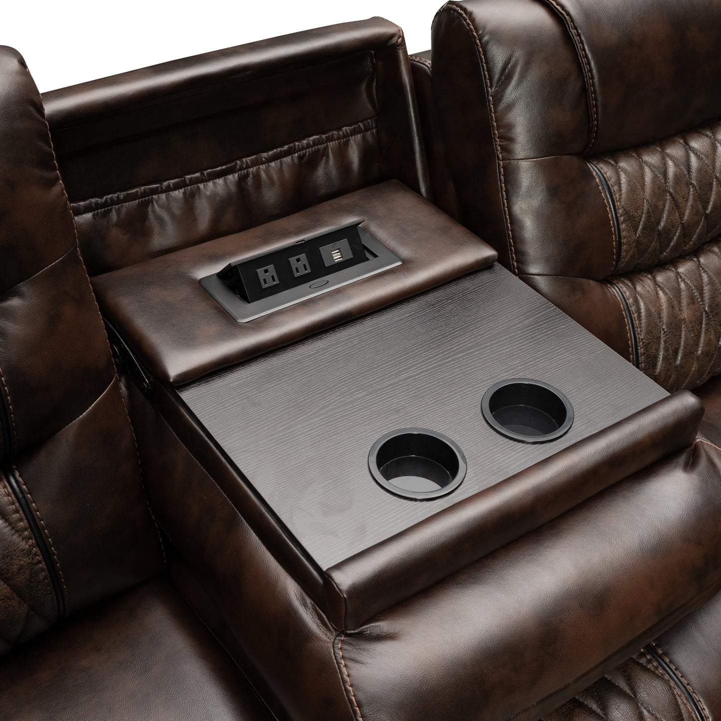 Kovel Faux Leather Reclining Loveseat with USB Port and Storage Console, Brown