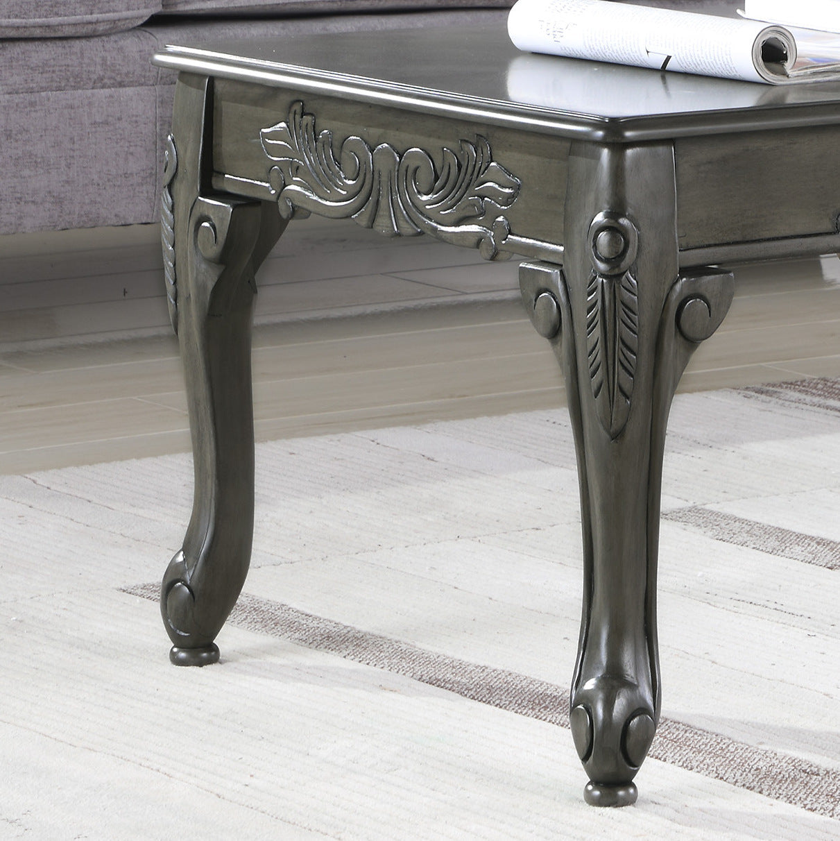 Traditional Ornate Detailing Grey Finish Wood Coffee Table