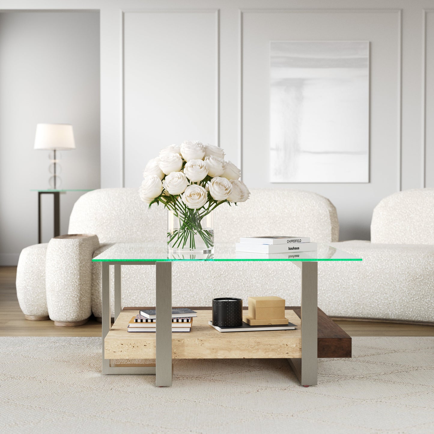 Roundhill Furniture Andes Glass Square Coffee Table with  Marble Shelf, Polished Nickel Finish