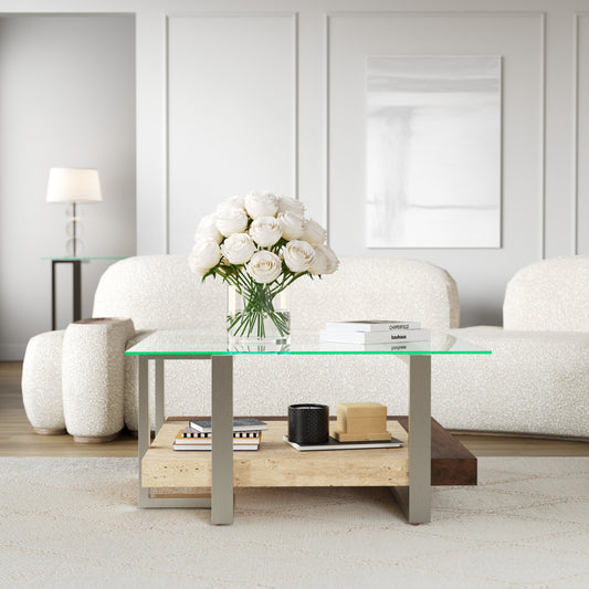 Roundhill Furniture Andes Glass Square Coffee Table with  Marble Shelf, Polished Nickel Finish