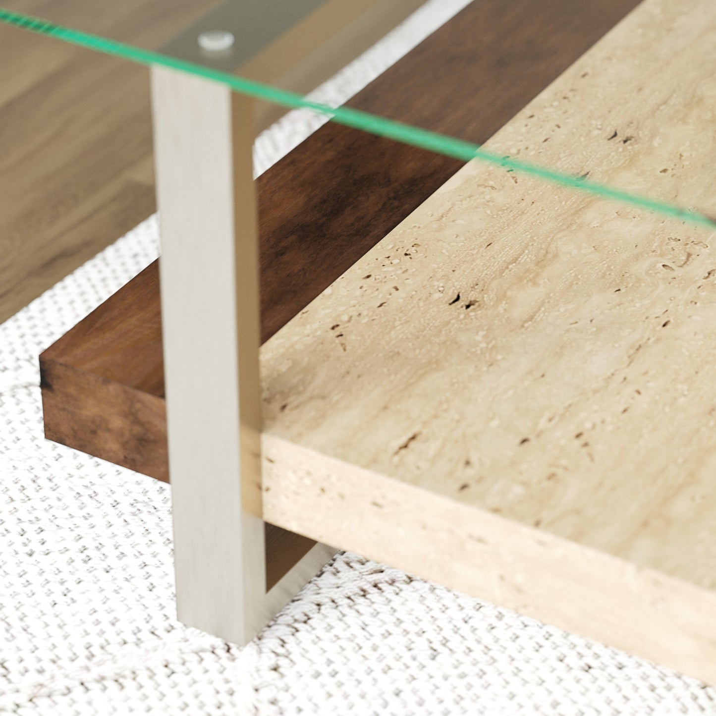 Roundhill Furniture Andes Glass Square Coffee Table with  Marble Shelf, Polished Nickel Finish