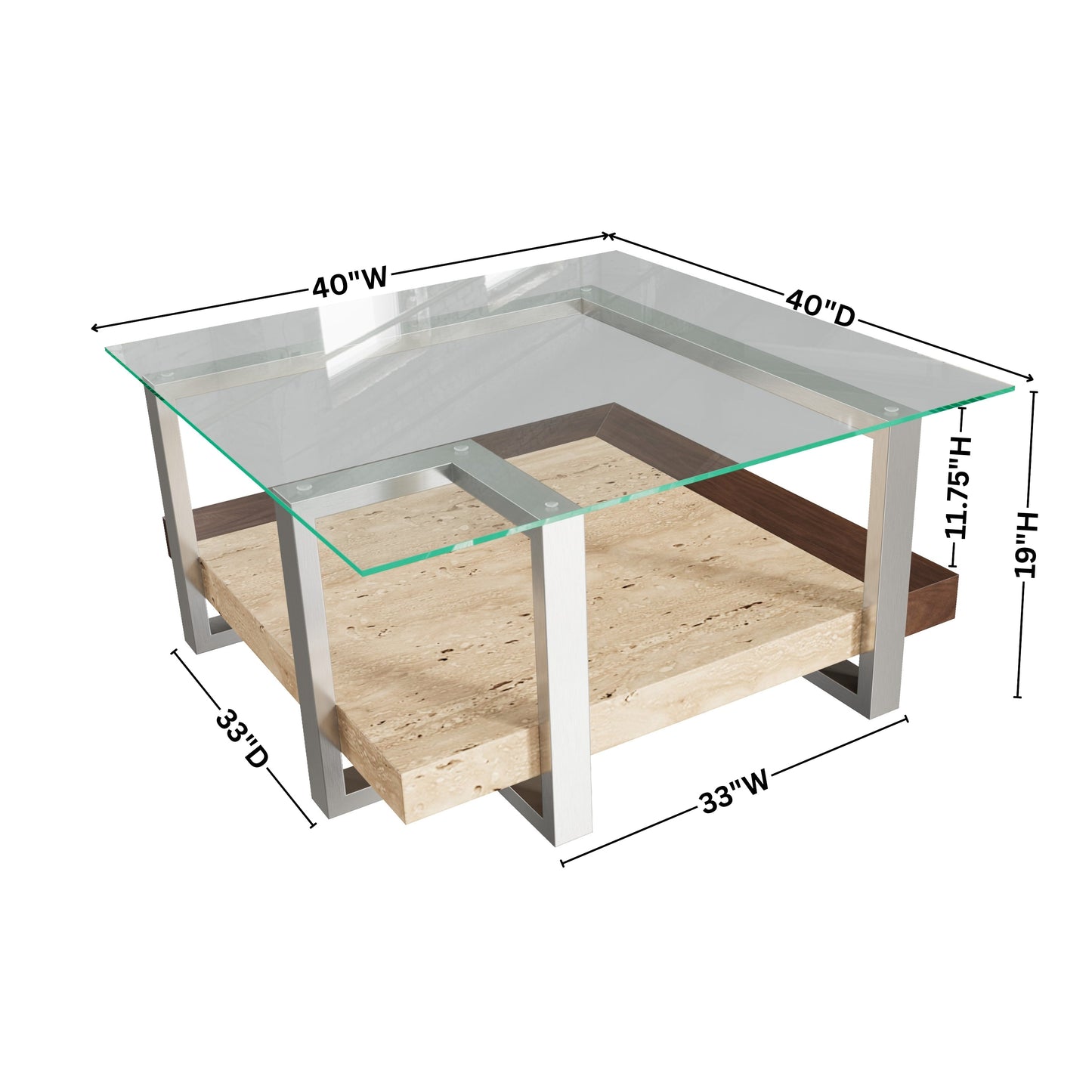 Roundhill Furniture Andes Glass Square Coffee Table with  Marble Shelf, Polished Nickel Finish