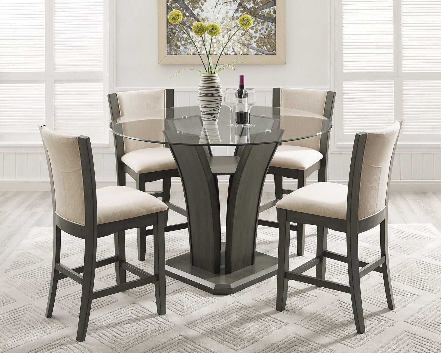 Kecco Gray 5-Piece Round Glass Top Counter Height Dining Set