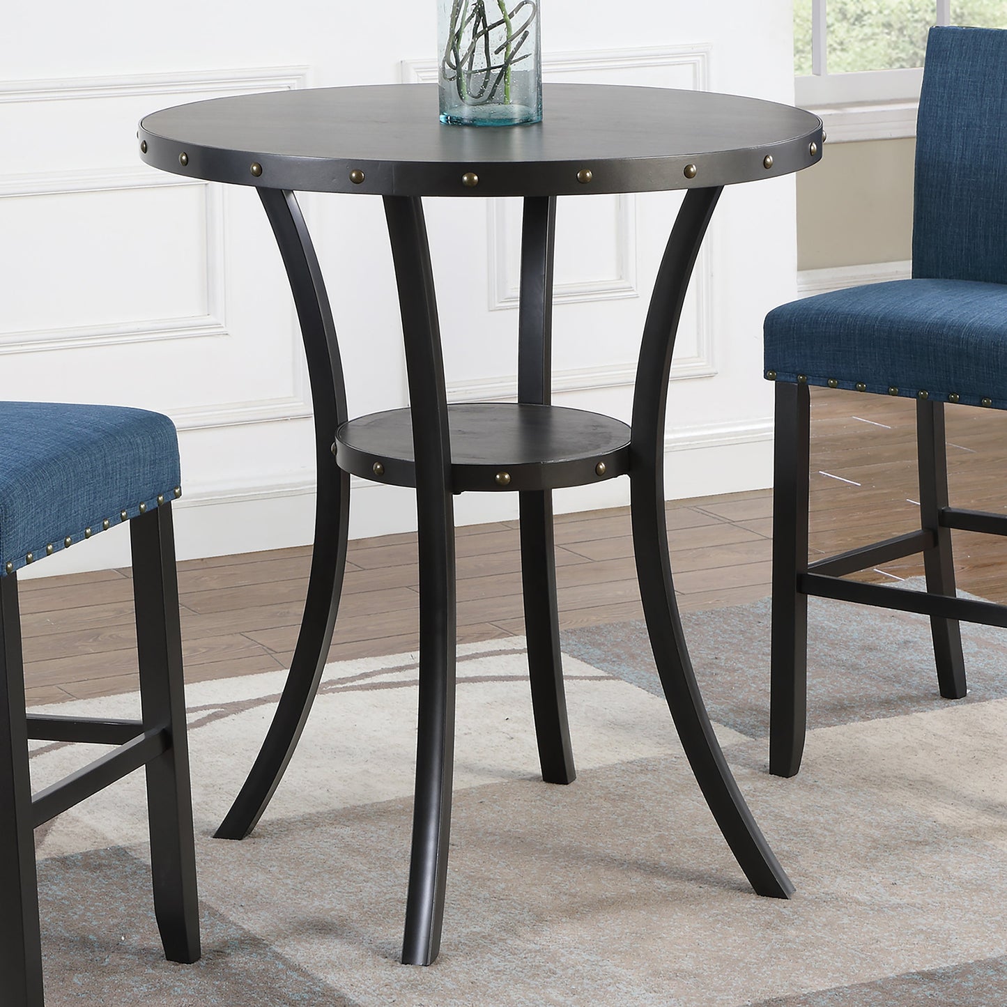 Roundhill Furniture Biony 3-Piece 36" Round Espresso Finish Bar Table with 2 Fabric Nail Head Pub Chairs