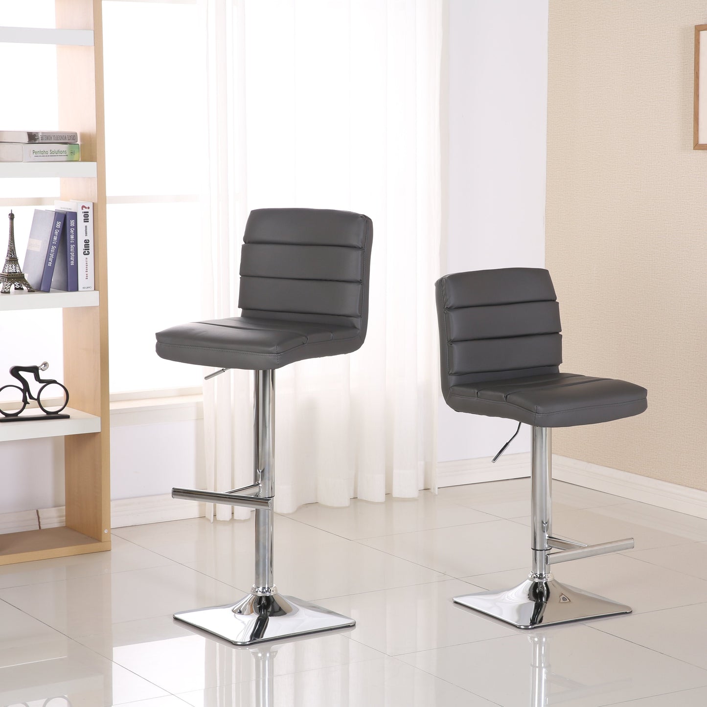 Bradford Grey Faux Leather Swivel Height Adjustable Bar Stools with Square Chrome Base, Set of 2