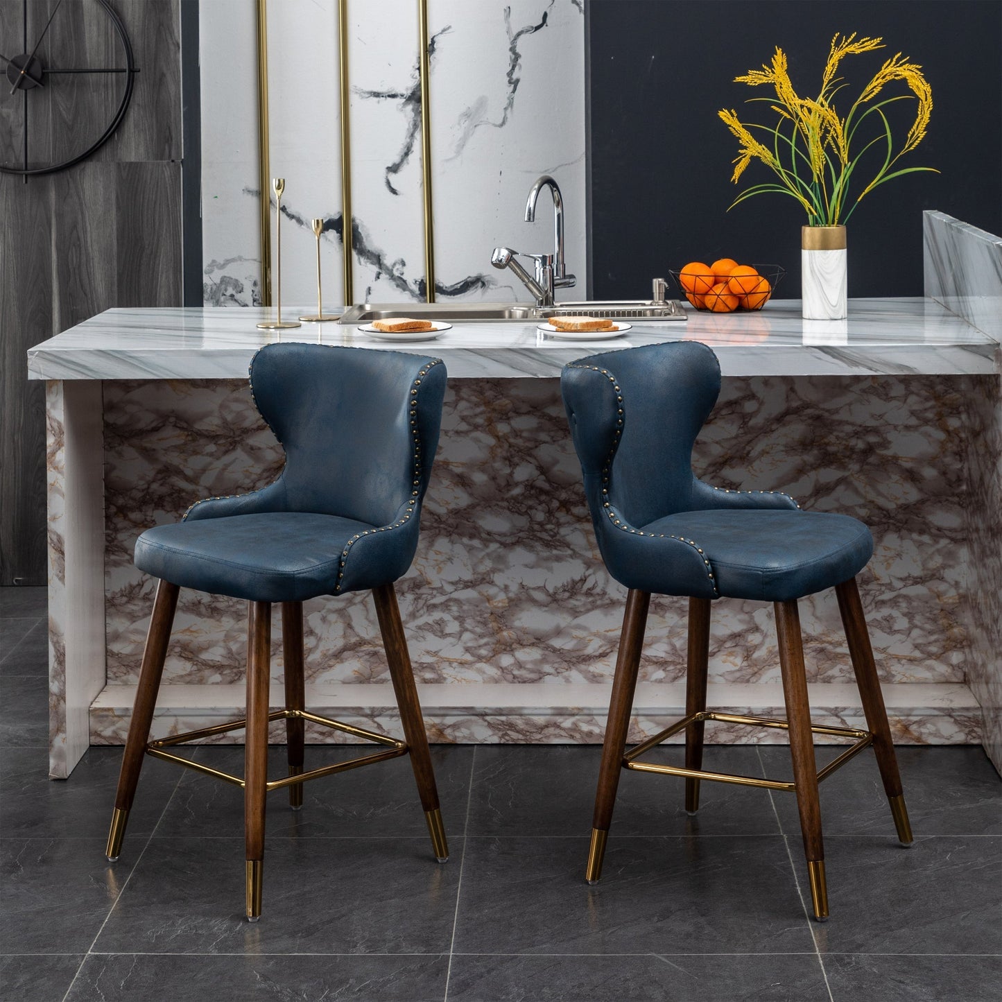 Roundhill Furniture Nevis Mid-century Modern Faux Leather Tufted Nailhead Trim Counter Stool, Blue, Set of 2