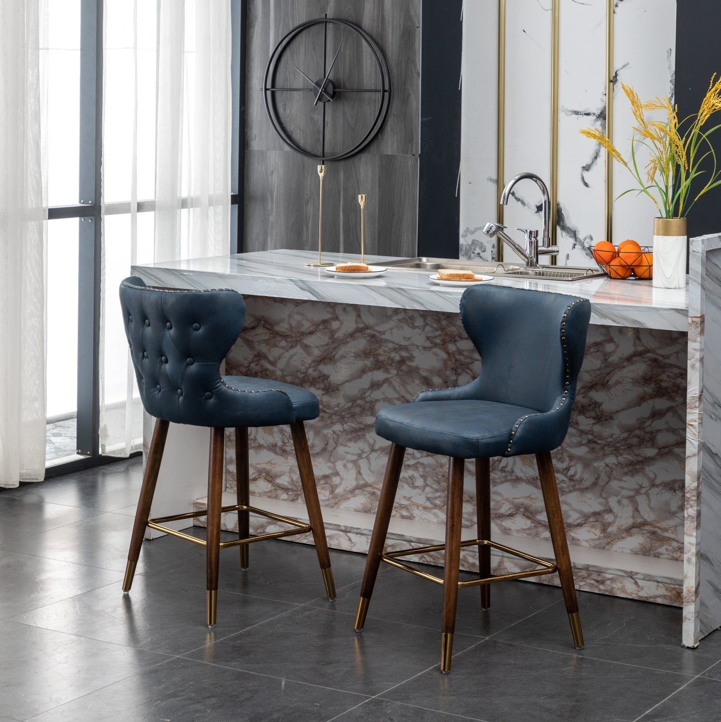 Roundhill Furniture Nevis Mid-century Modern Faux Leather Tufted Nailhead Trim Counter Stool, Blue, Set of 2