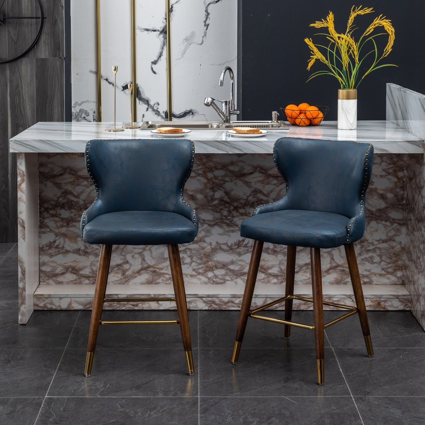 Roundhill Furniture Nevis Mid-century Modern Faux Leather Tufted Nailhead Trim Counter Stool, Blue, Set of 2