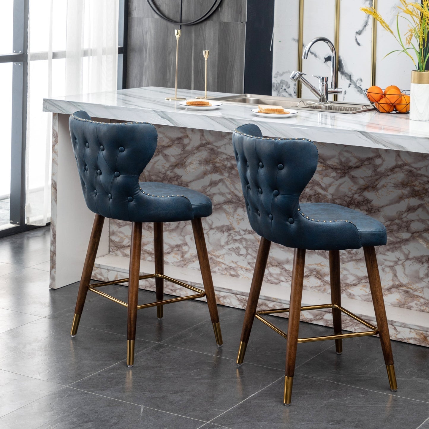 Roundhill Furniture Nevis Mid-century Modern Faux Leather Tufted Nailhead Trim Counter Stool, Blue, Set of 2