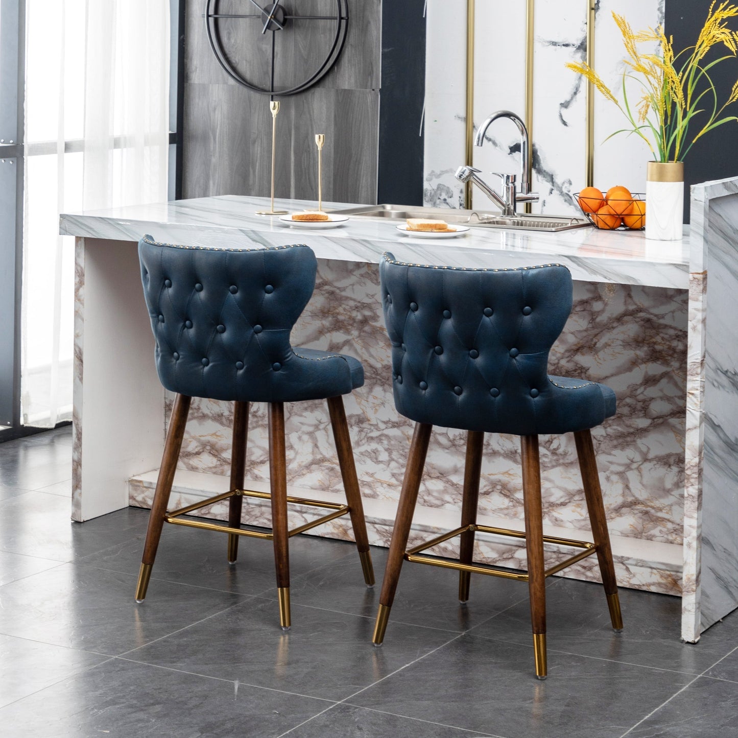 Roundhill Furniture Nevis Mid-century Modern Faux Leather Tufted Nailhead Trim Counter Stool, Blue, Set of 2