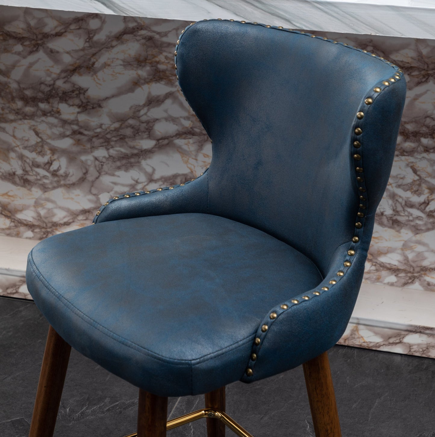 Roundhill Furniture Nevis Mid-century Modern Faux Leather Tufted Nailhead Trim Counter Stool, Blue, Set of 2