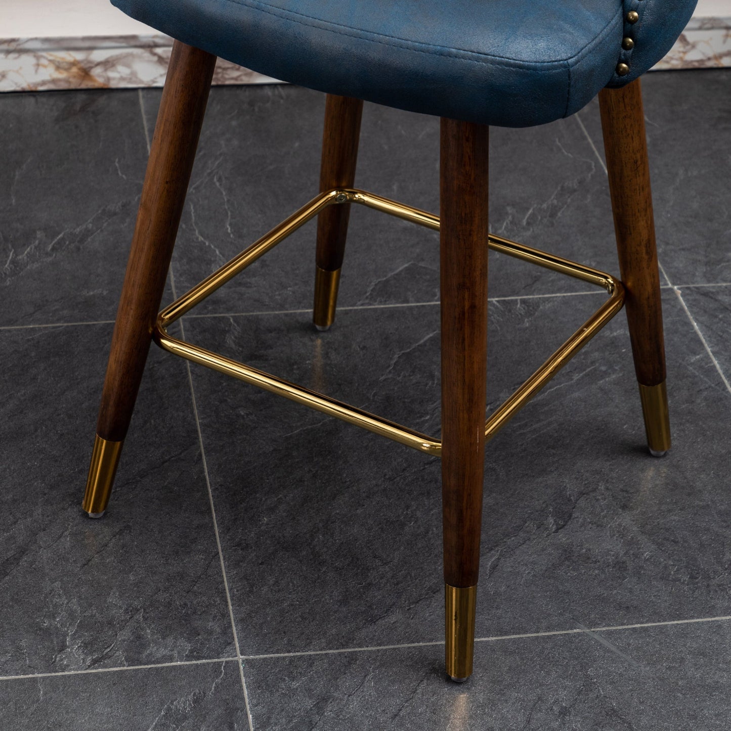 Roundhill Furniture Nevis Mid-century Modern Faux Leather Tufted Nailhead Trim Counter Stool, Blue, Set of 2