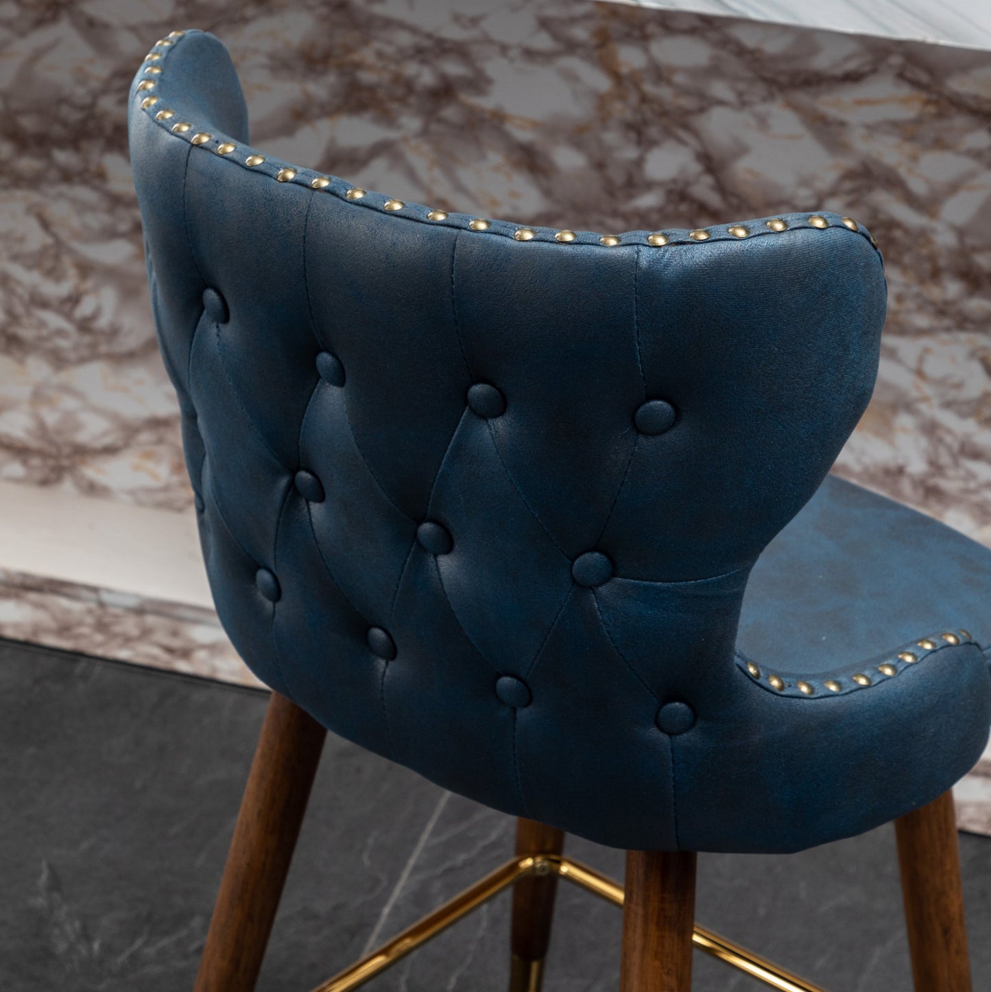 Roundhill Furniture Nevis Mid-century Modern Faux Leather Tufted Nailhead Trim Counter Stool, Blue, Set of 2