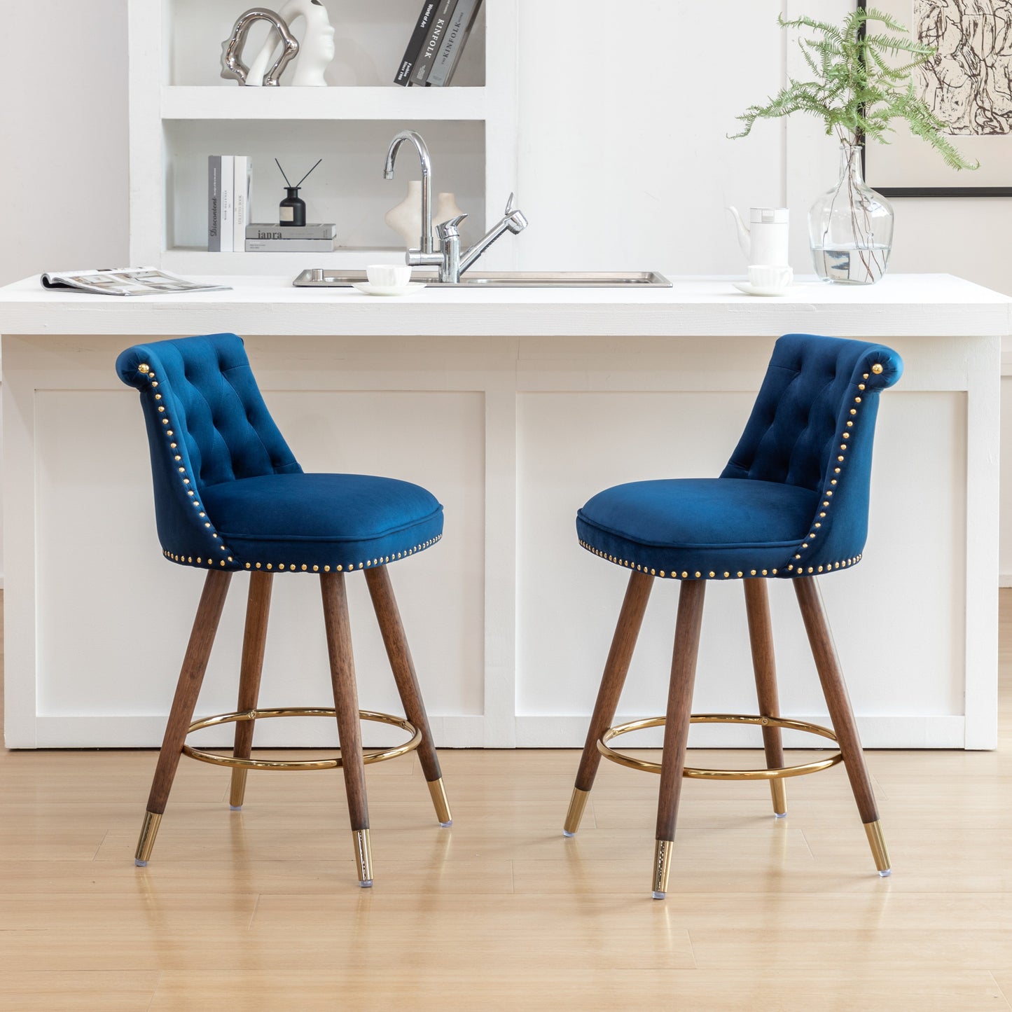 Roundhill Furniture Elvara Set of 2 Button-Tufted Counter Stools with Nailhead Trim