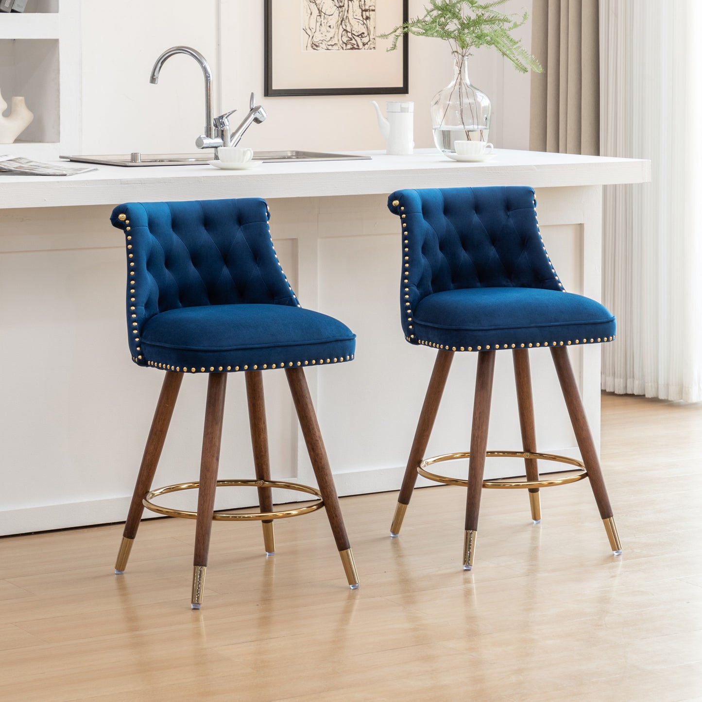 Roundhill Furniture Elvara Set of 2 Button-Tufted Counter Stools with Nailhead Trim