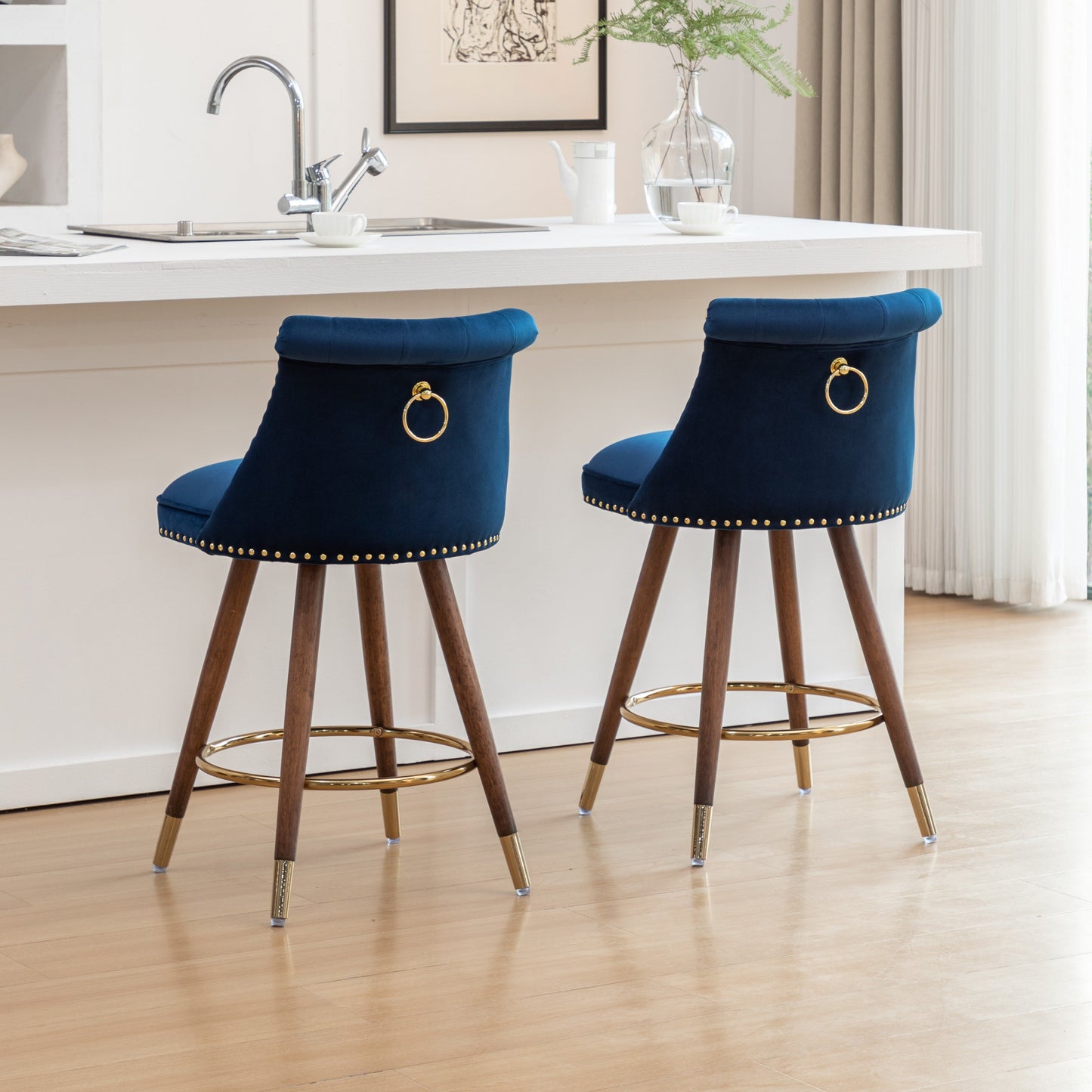 Roundhill Furniture Elvara Set of 2 Button-Tufted Counter Stools with Nailhead Trim