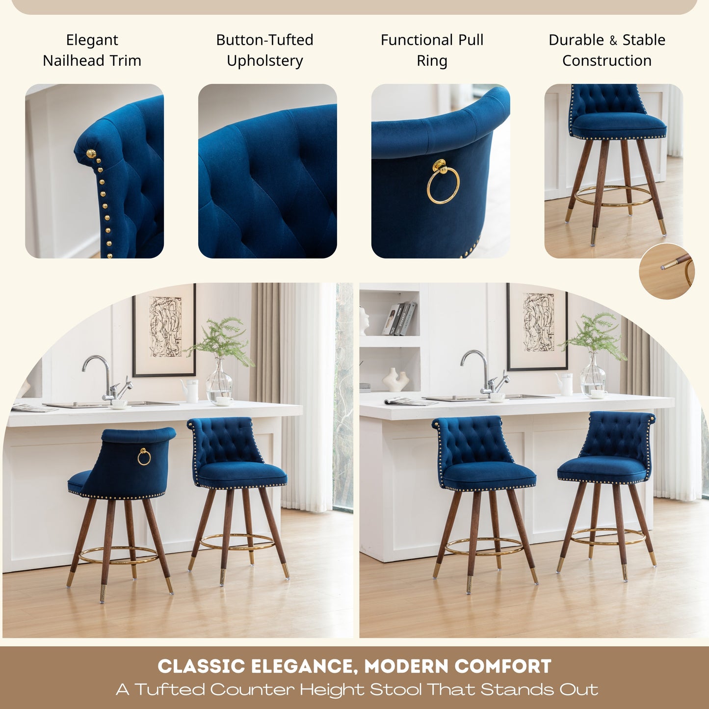 Roundhill Furniture Elvara Set of 2 Button-Tufted Counter Stools with Nailhead Trim