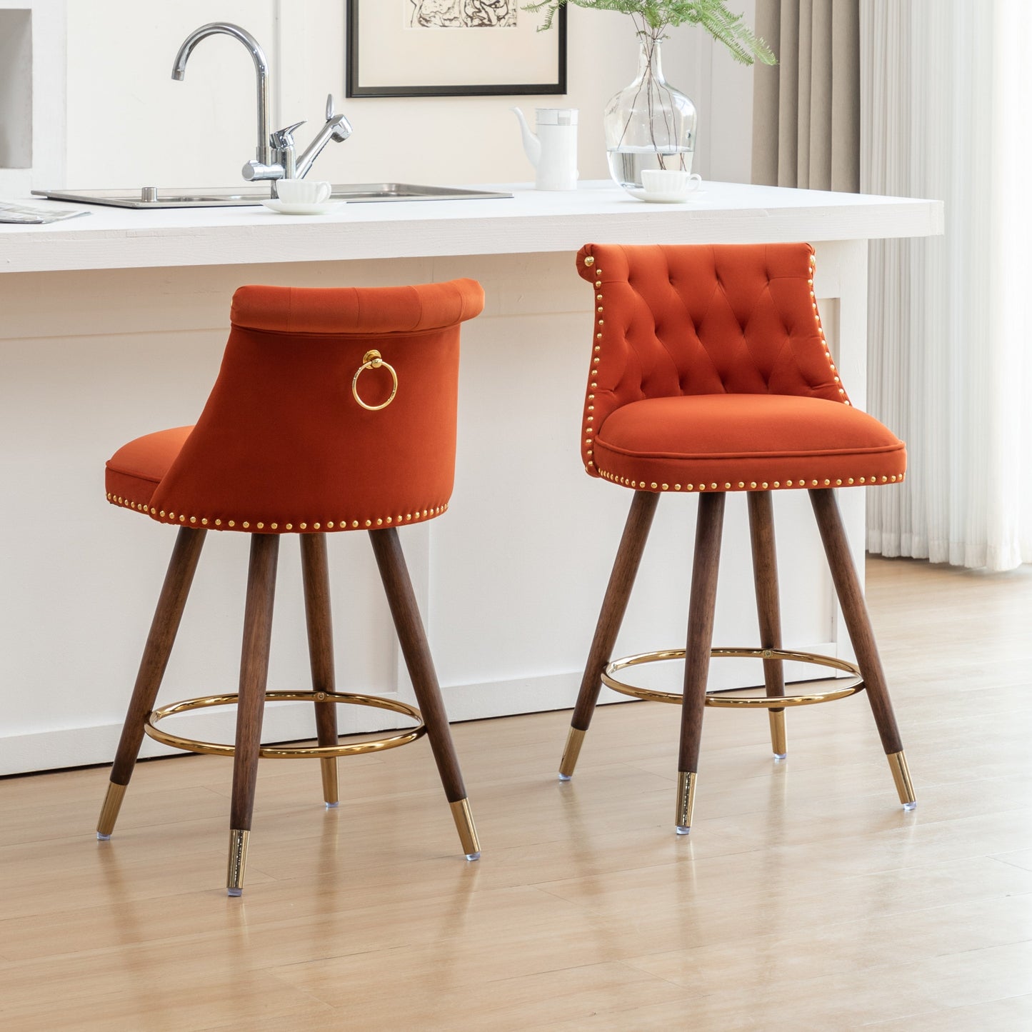 Roundhill Furniture Elvara Set of 2 Button-Tufted Counter Stools with Nailhead Trim