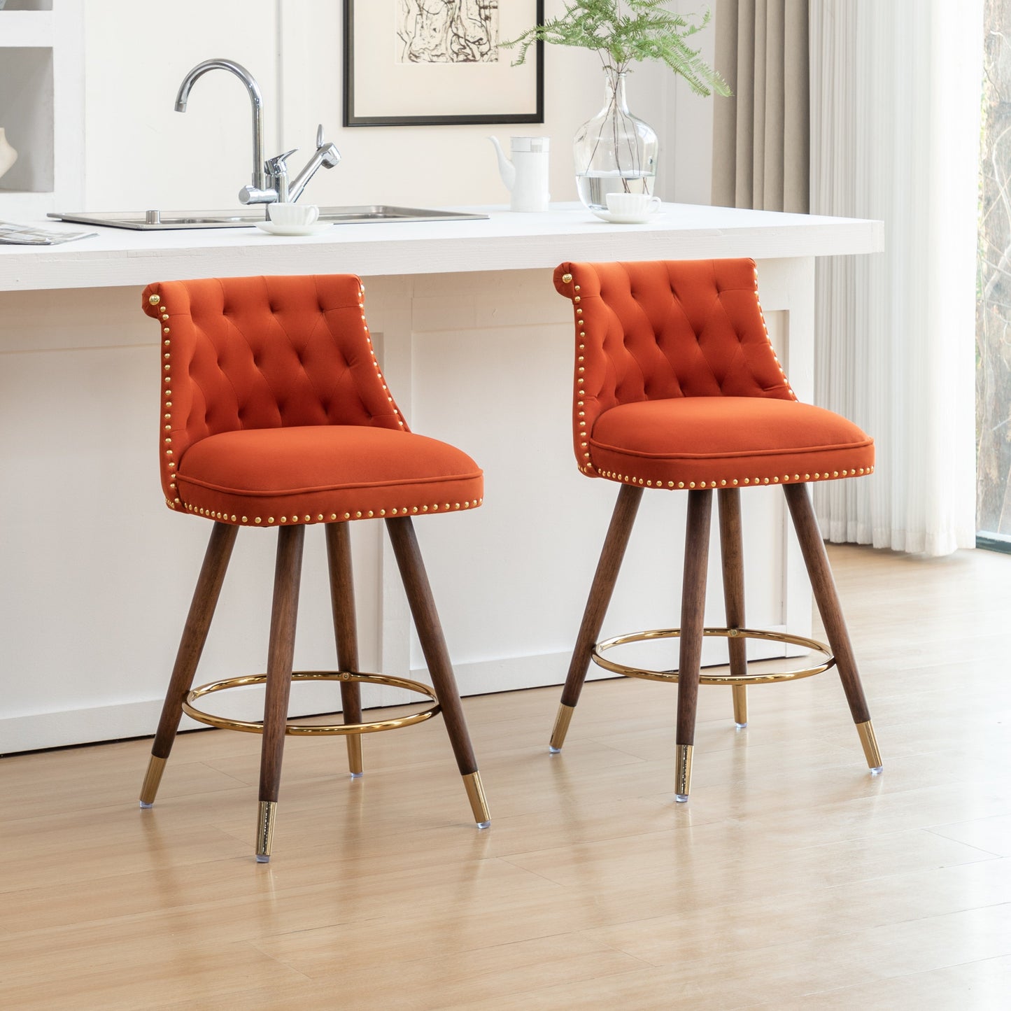 Roundhill Furniture Elvara Set of 2 Button-Tufted Counter Stools with Nailhead Trim