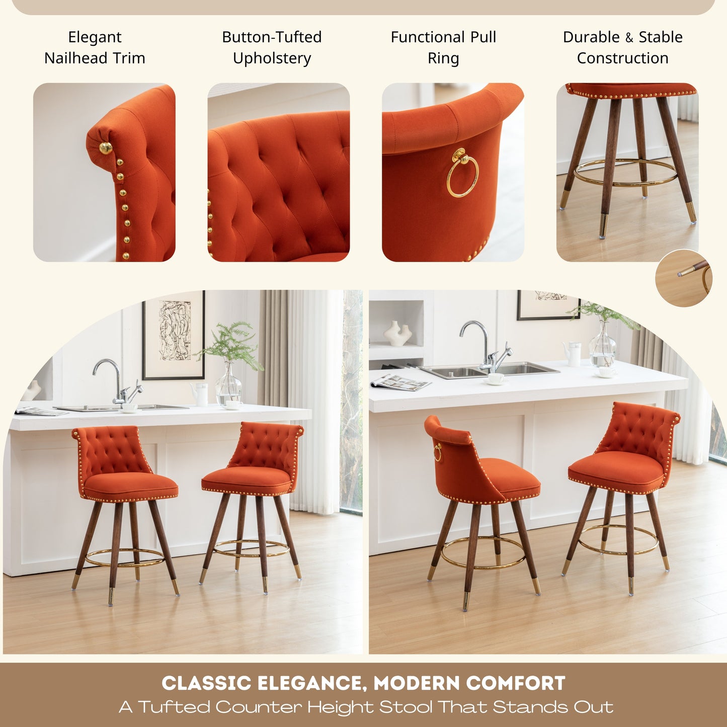 Roundhill Furniture Elvara Set of 2 Button-Tufted Counter Stools with Nailhead Trim