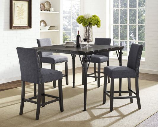 Biony 5-Piece Espresso Wood Counter Height Dining Set with Gray Fabric Nail head Chairs