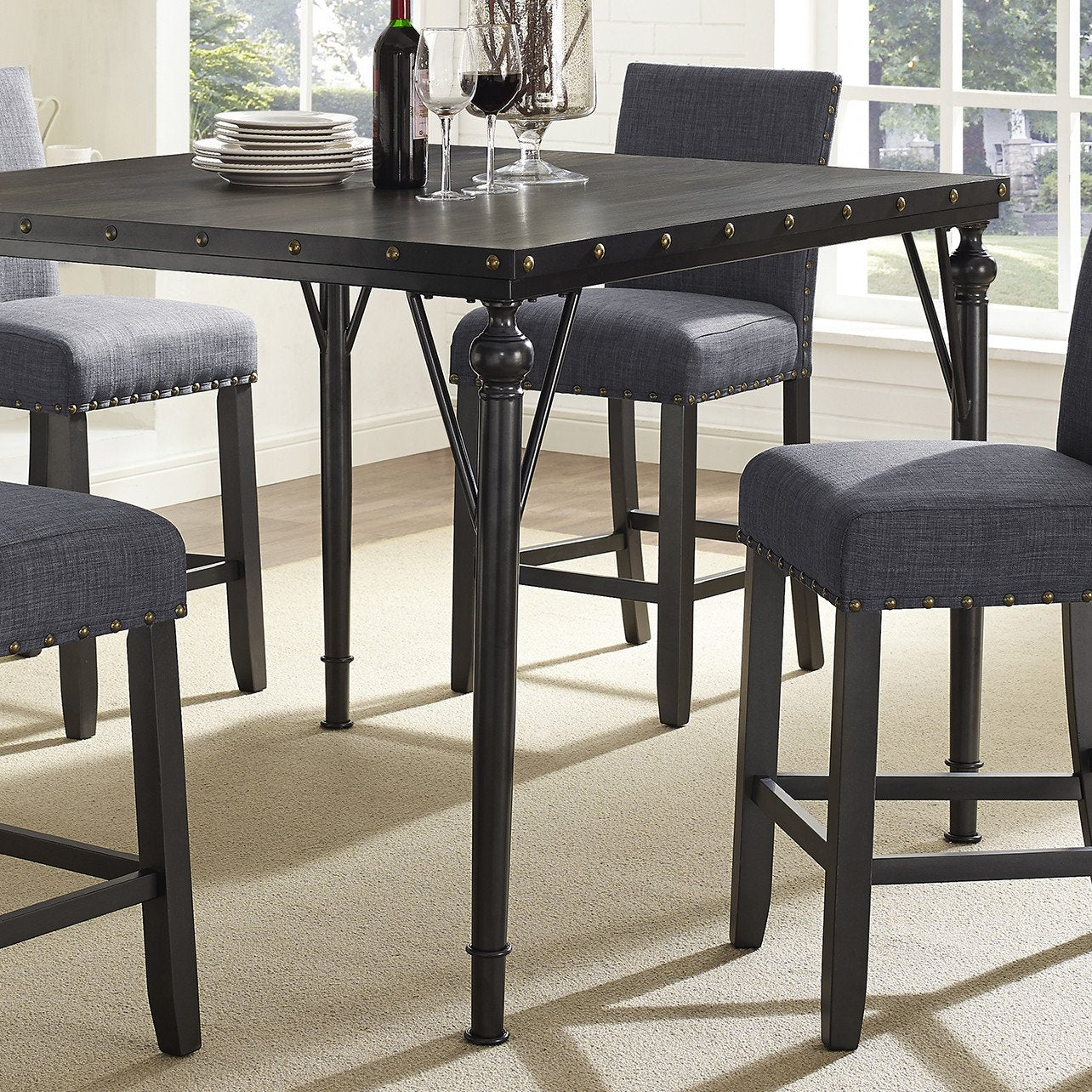 Biony 5-Piece Espresso Wood Counter Height Dining Set with Gray Fabric Nail head Chairs
