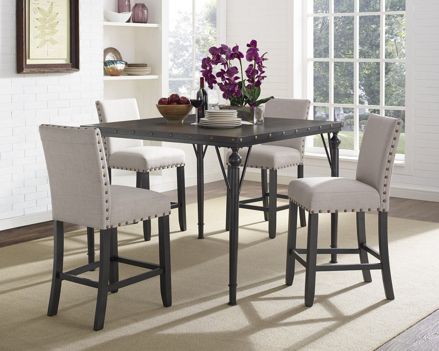 Biony 5-Piece Espresso Wood Counter Height Dining Set with Tan Fabric Nail head Chairs