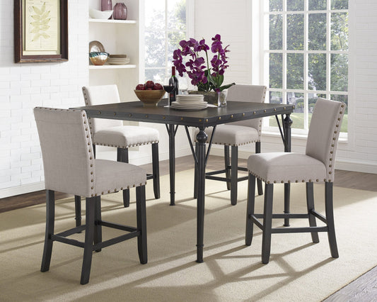Biony 5-Piece Espresso Wood Counter Height Dining Set with Tan Fabric Nail head Chairs