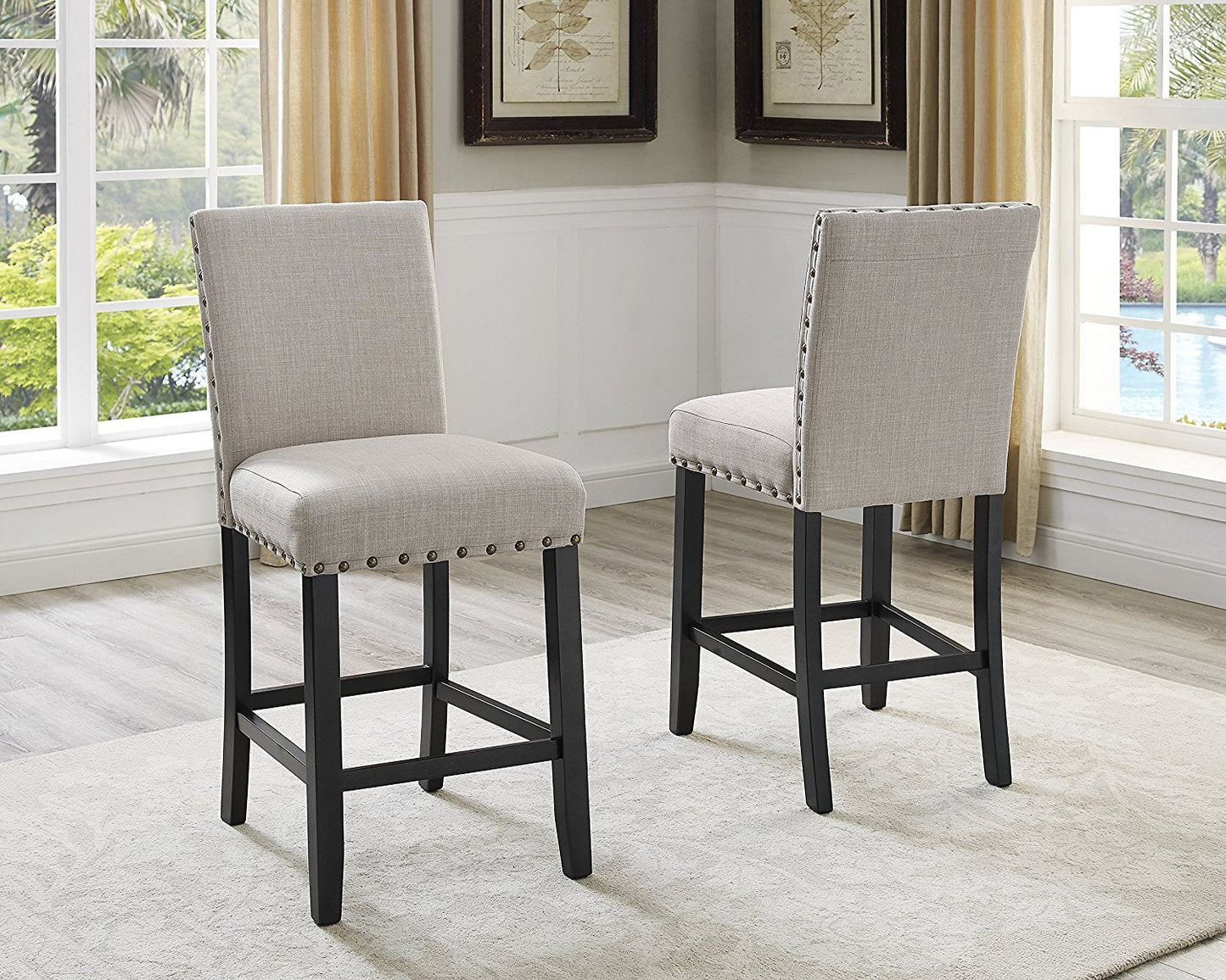 Biony 5-Piece Espresso Wood Counter Height Dining Set with Tan Fabric Nail head Chairs