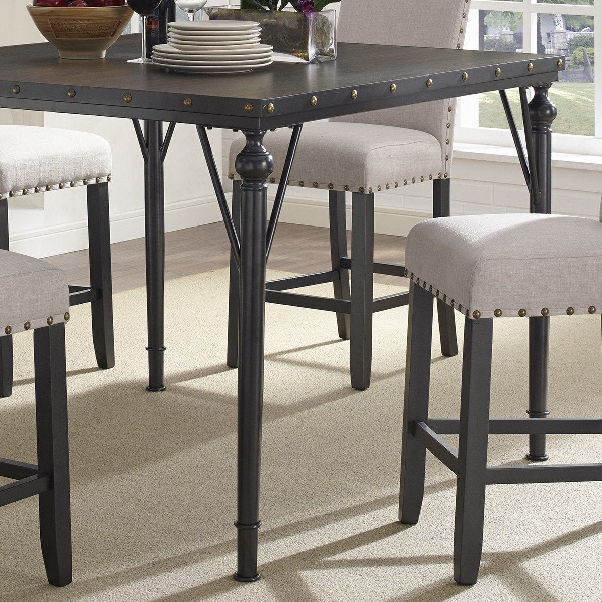 Biony 5-Piece Espresso Wood Counter Height Dining Set with Tan Fabric Nail head Chairs