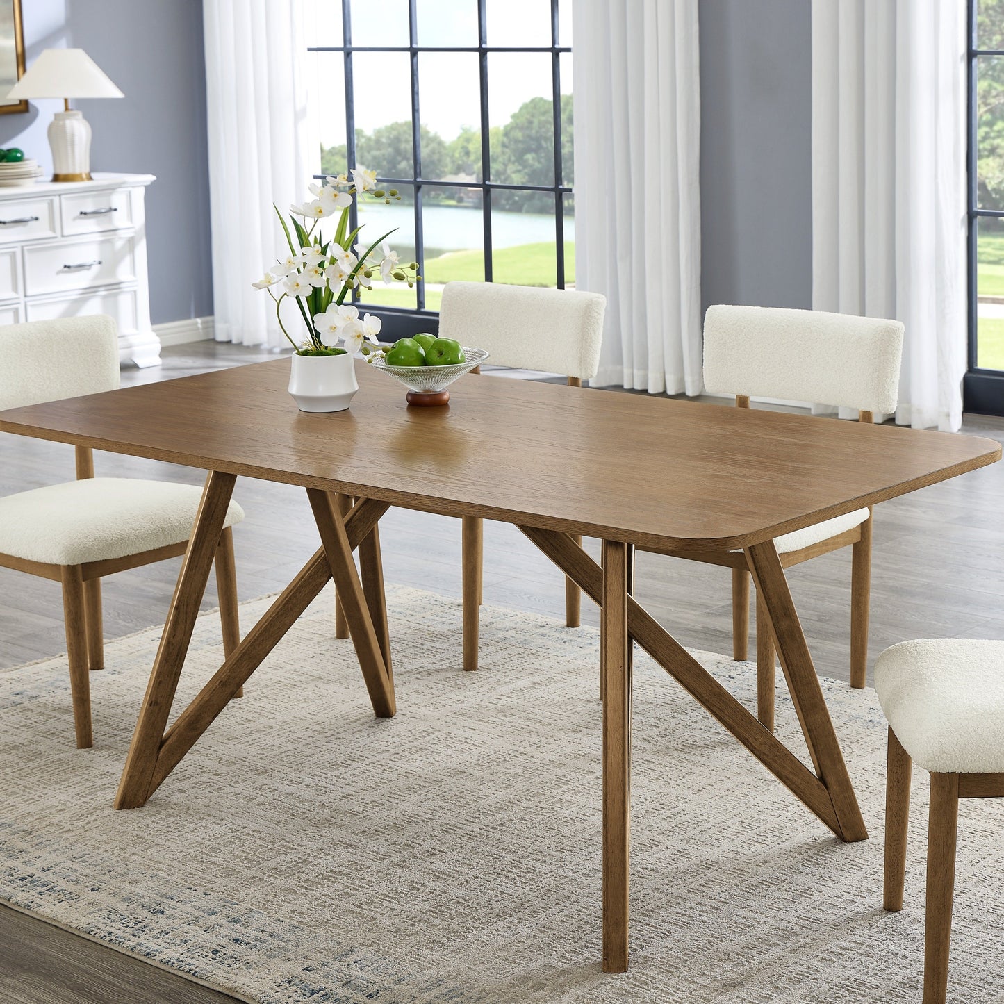 Roundhill Furniture Axler 70-in Length Dining Table, Tripod-Cross Leg, Light Oak
