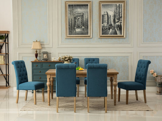 Habitanian Solid Wood Dining Table with 6 tufted Chairs, Blue