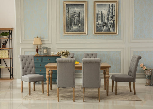 Habitanian Solid Wood Dining Table with 6 tufted Chairs, Gray