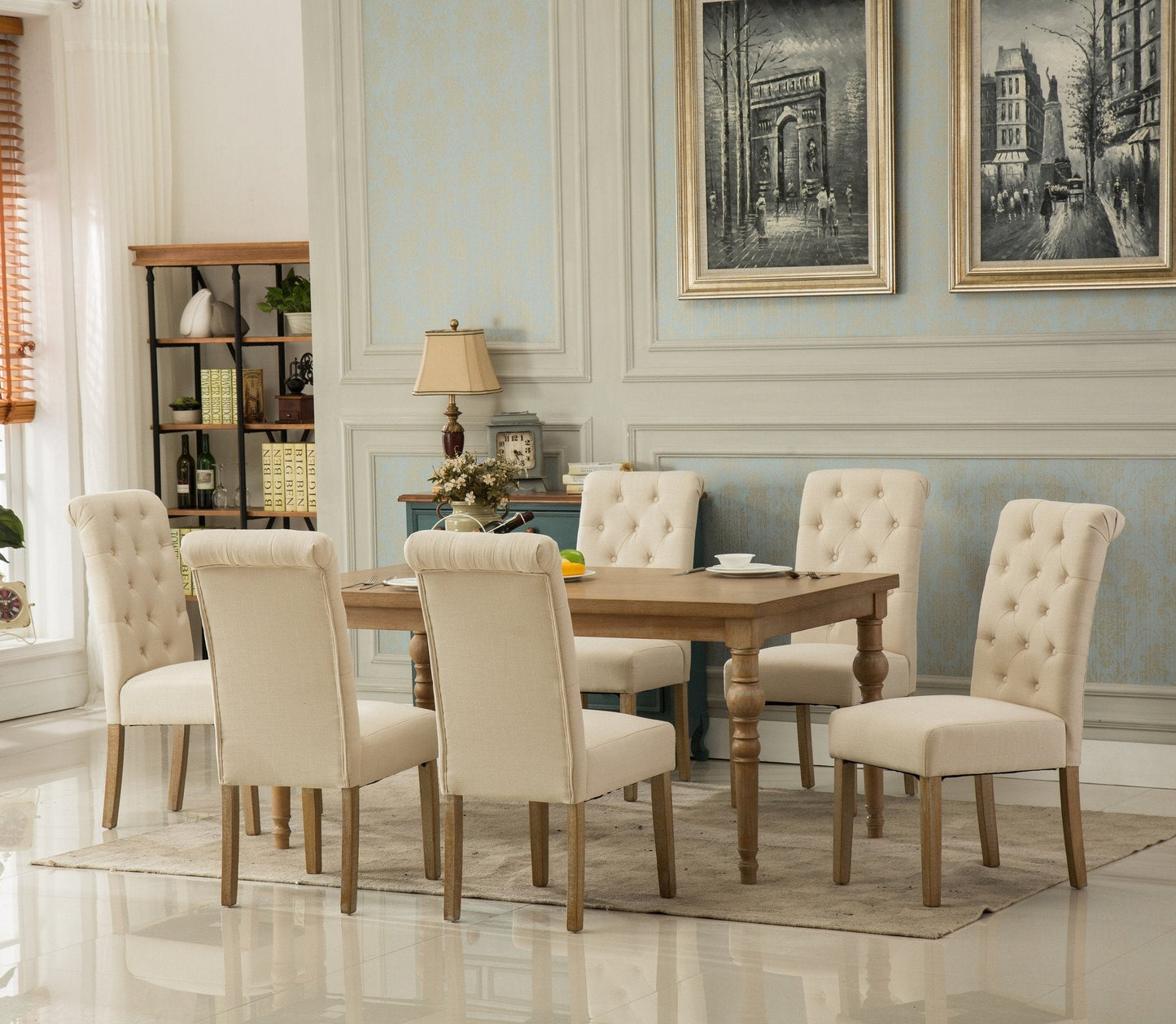 Habitanian Solid Wood Dining Table with 6 tufted Chairs, Tan